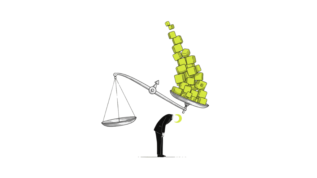 "Silhouette épuisée sous une balance asymétrique surchargée – la fatigue vient du système