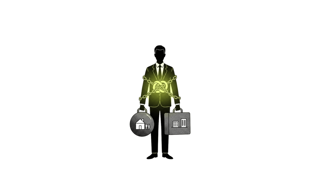 "Entrepreneur enchaîné portant valises maison-bureau – le mythe de l'équilibre vie-travail"