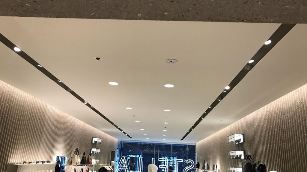 Luxury boutique interior with recessed ceiling lights and designer handbags on display shelves.