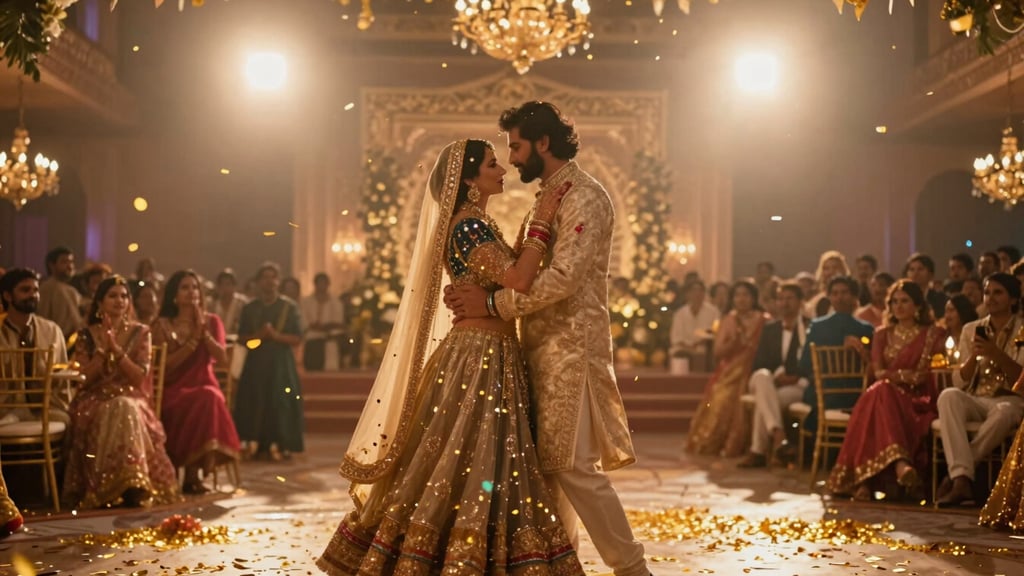 Widescreen 21:9 cinematic film frame of a grand Indian wedding reception, dramatic warm uplighting, a couple dancing amidst golden confetti, shallow depth of field, anamorphic lens flare