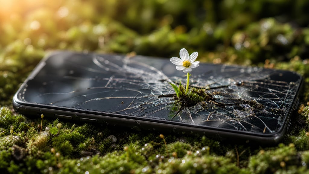 Small white flower growing through a cracked smartphone screen on a bed of green moss.