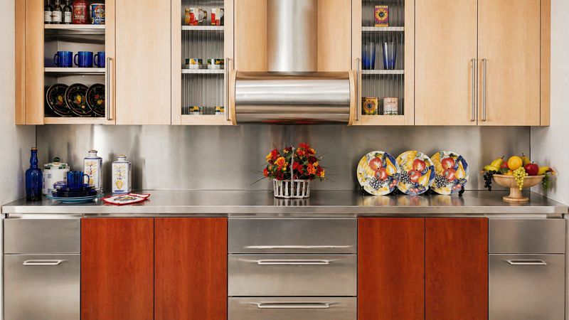 stainless steel kitchen cabinets with wood fronts