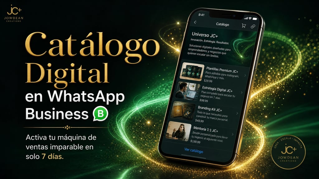 Smartphone displaying a WhatsApp Business digital catalog for JC+ Creations online services.