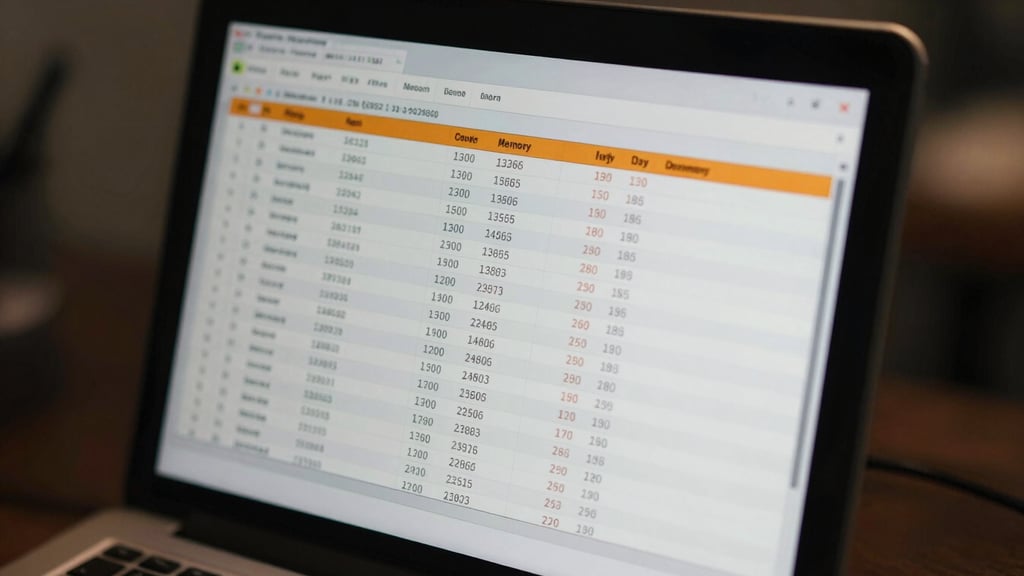Extreme close-up of a terminal screen showing memory allocation tables and clean system execution logs in a dark workspace, sharp orange accents