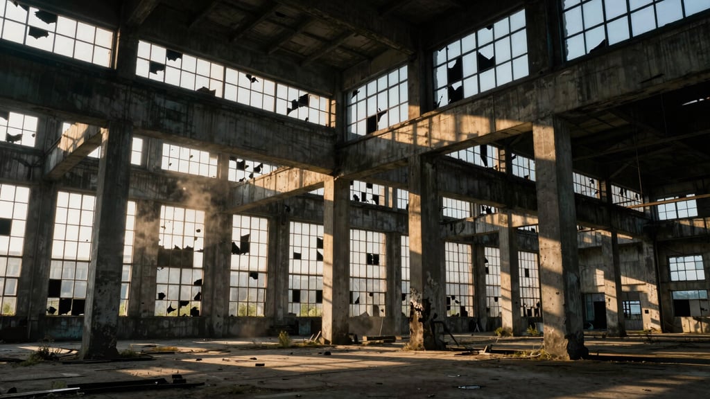 Cinematic wide shot of an abandoned industrial concrete warehouse, dramatic golden hour light cutting through broken glass windows, dust motes in the air