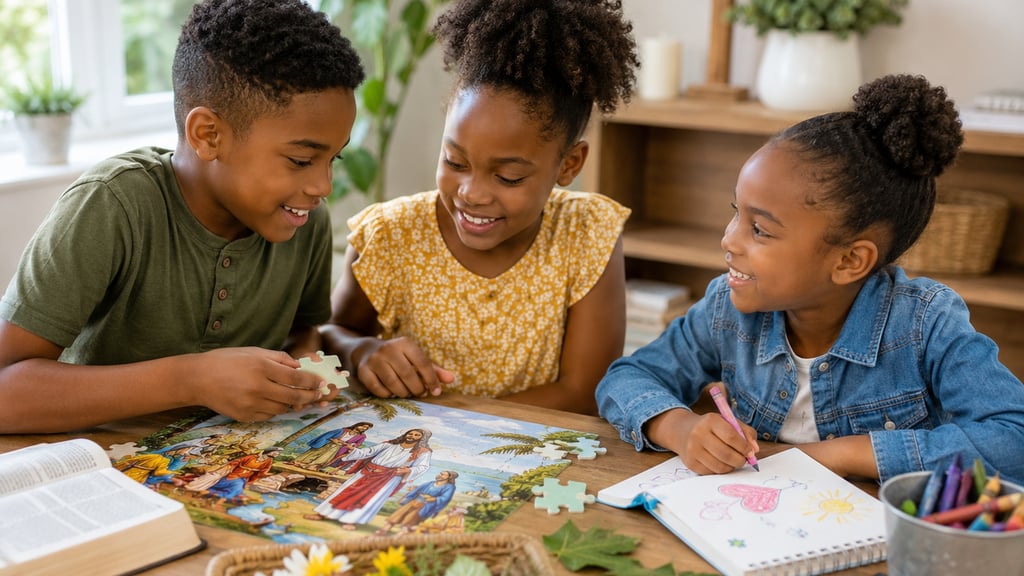Happy African American children doing a Bible jigsaw puzzle and coloring at home.