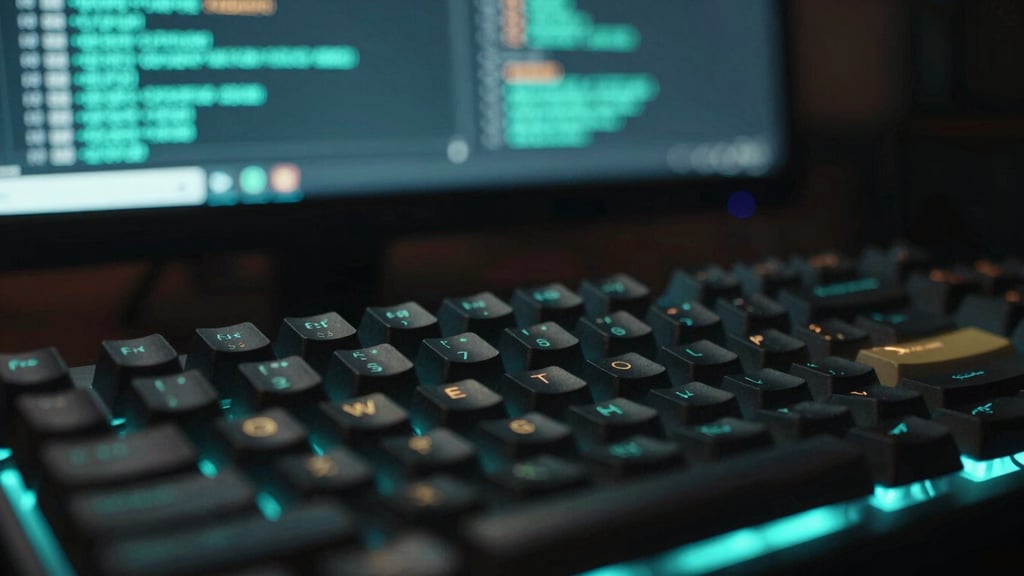 Macro close-up of a mechanical keyboard under low ambient neon-cyan light, with a blurred monitor in the background displaying terminal telemetry streams, shallow depth of field.