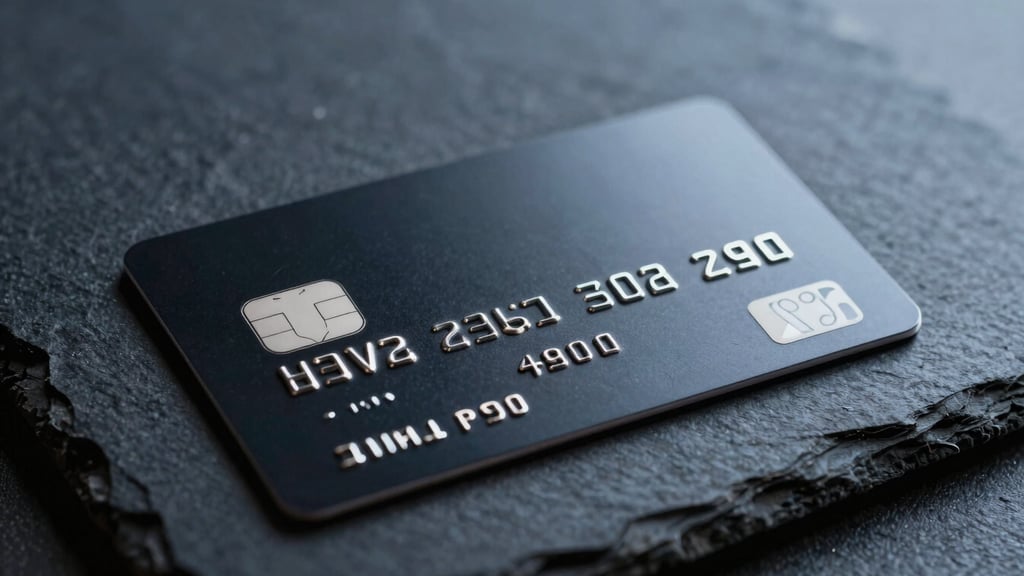 Sharp commercial photography of a matte black multi-currency debit card with silver microchip, resting on a dark slate surface, cool-toned studio lighting, crisp shadows, high contrast.