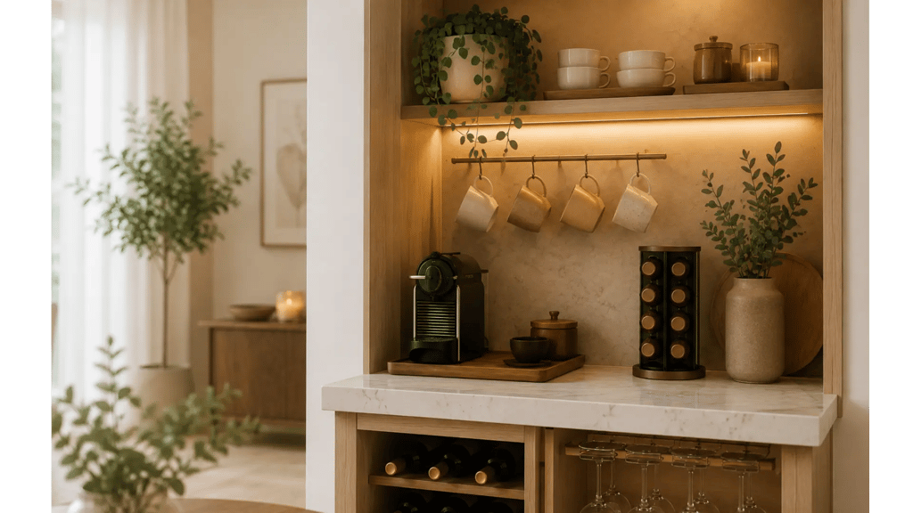 Nicchia arredata come angolo bar con cantinetta