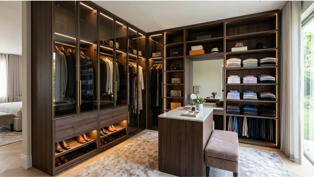 Cabina armadio elegante in legno scuro con led ricavata con cartongesso alle spalle del letto