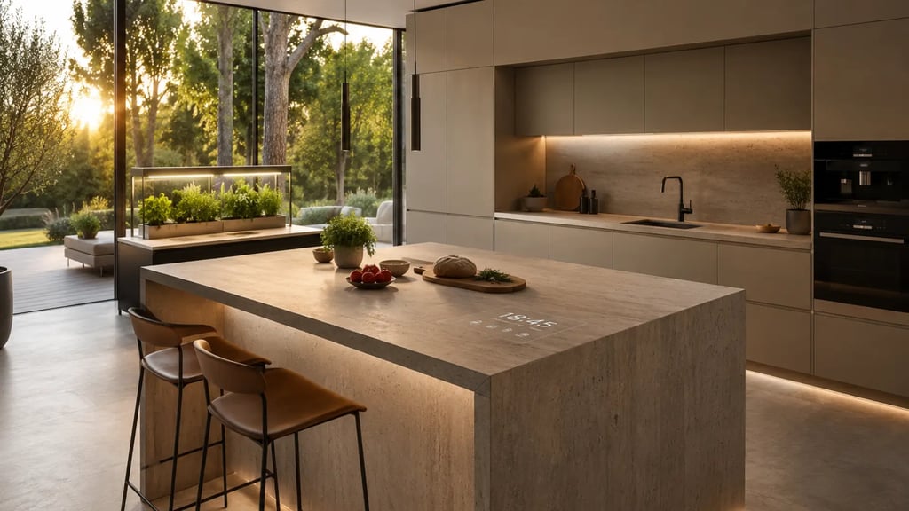 una cucina futuristica color sabbia senza maniglie, piano a induzione invisibile, serra per ortaggi e microgreens