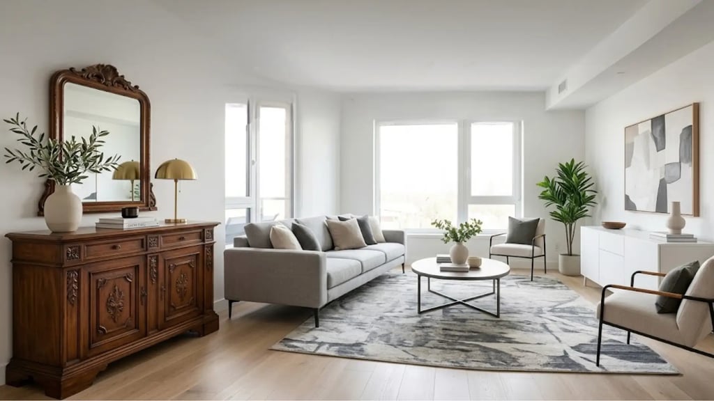 Una madia antica e massiccia perfettamente integrata in un living moderno e luminoso