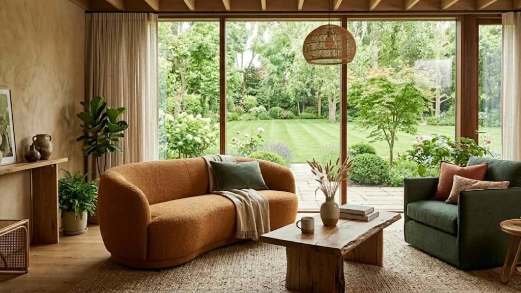 Tendenze design 2026 divano ruggine, poltrona verde desaturata, arredi in legno e una grande vetrata sul giardino