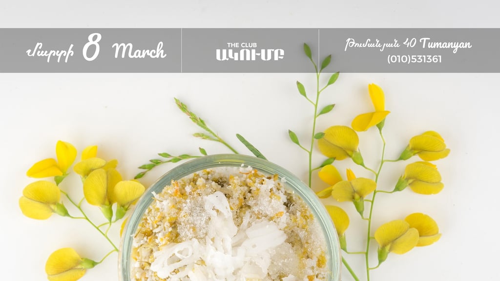 March 8 International Women's Day greeting card with yellow flowers and a coconut dessert bowl.