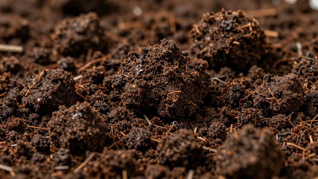 Macro close-up of dark, rich, crumbly vermicompost soil structure, moist loam texture, soft morning light