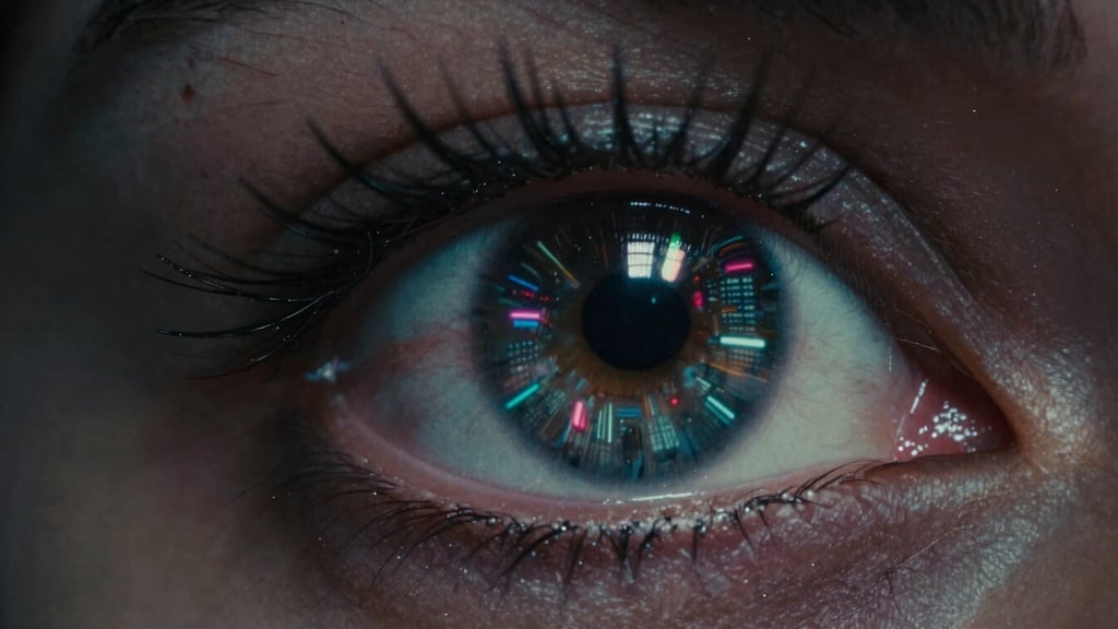 Extreme close-up of a cybernetic eye reflecting a neon-lit futuristic cityscape, high-contrast chiaroscuro, anamorphic lens flare, cinematic film grain