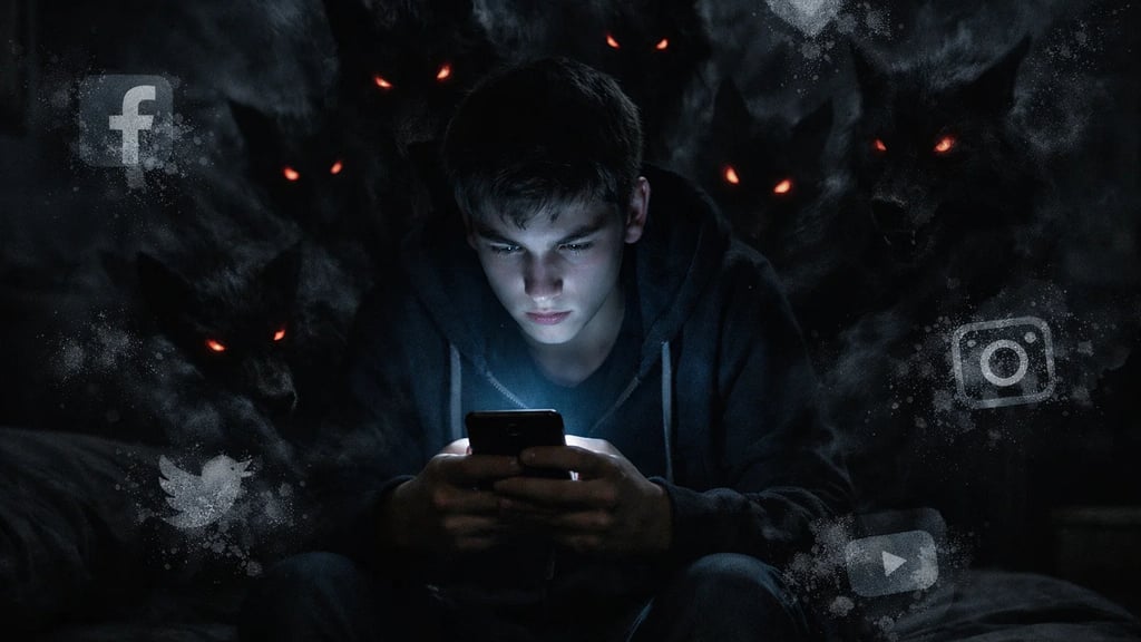 A teenager using a smartphone at night surrounded by dark wolves representing cyberbullying and social media risks.