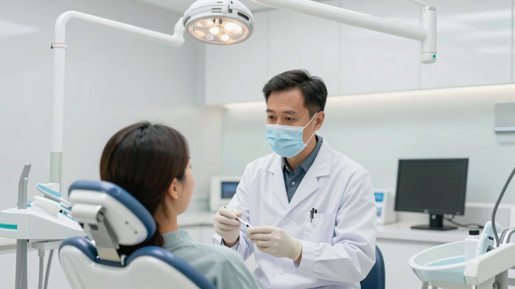 Cinematic wide frame of a high-end dental clinic with a doctor interacting professionally with a patient, bright clean commercial lighting, 50mm