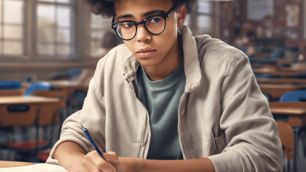 a teenager sits in a library, studying and looking pensive
