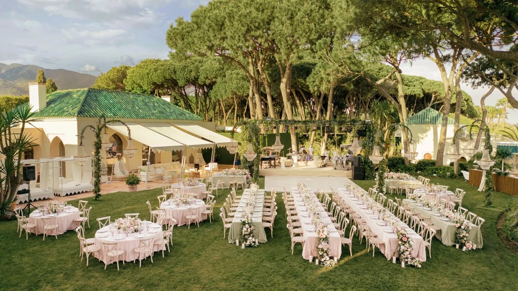 Large garden banquet layout at private Marbella villa