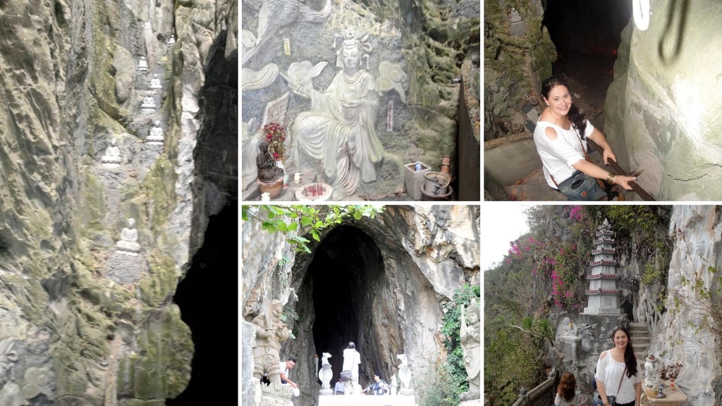 varias fotos da autora explorando o interior das cavernas de Am phu no vietnã