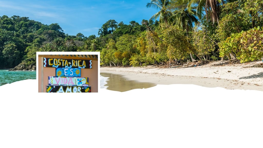 Montagem com praia na Costa Rica ao fundo e placa artesanal com a frase “Costa Rica é amor”.