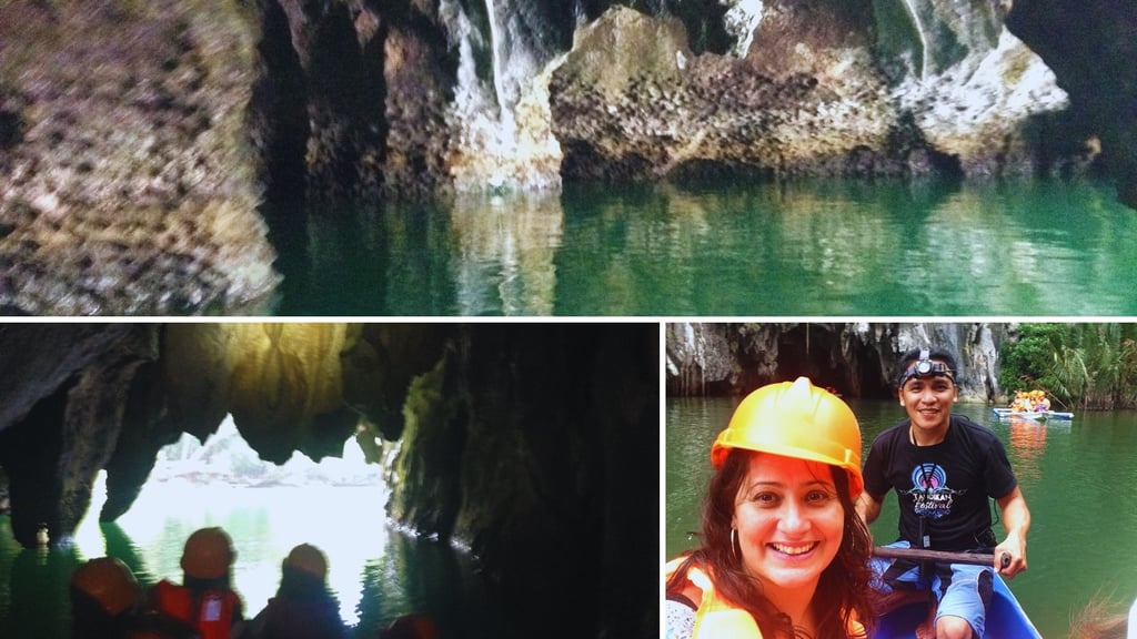 Autora e guia saindo da caverna subterrânea, com a entrada da caverna ao fundo.