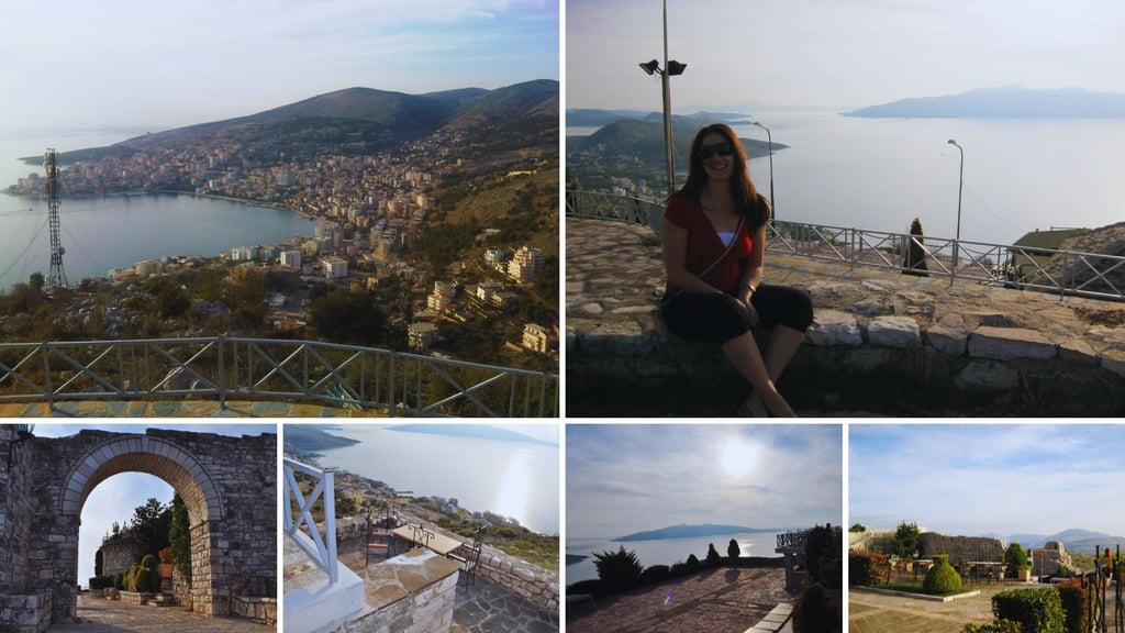 Montagem com seis fotos revelando as vistas panorâmicas do alto do Castelo de Lëkursi, em Sarandë.