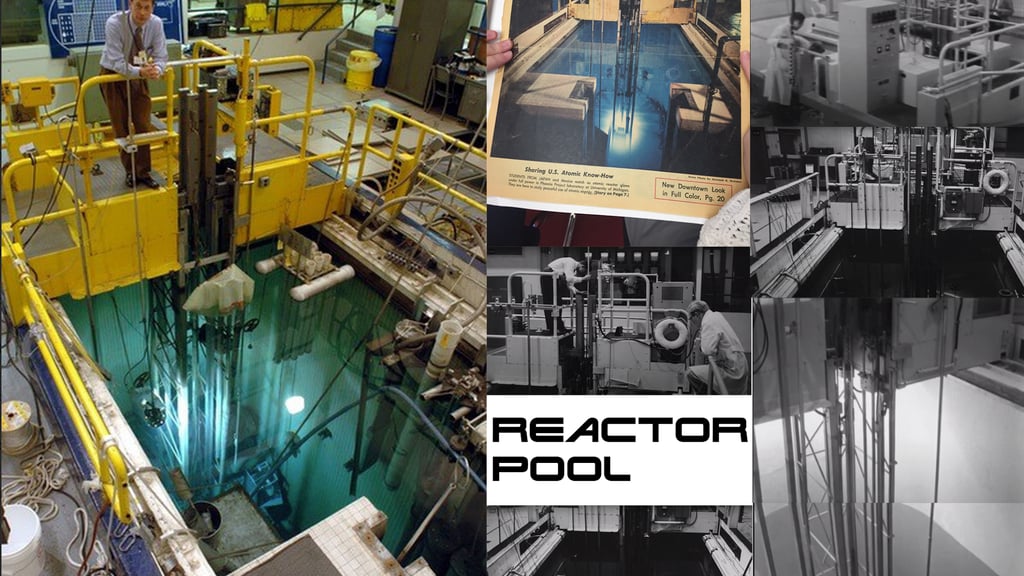 A historical collage showing the nuclear reactor pool and research facility equipment with scientists.