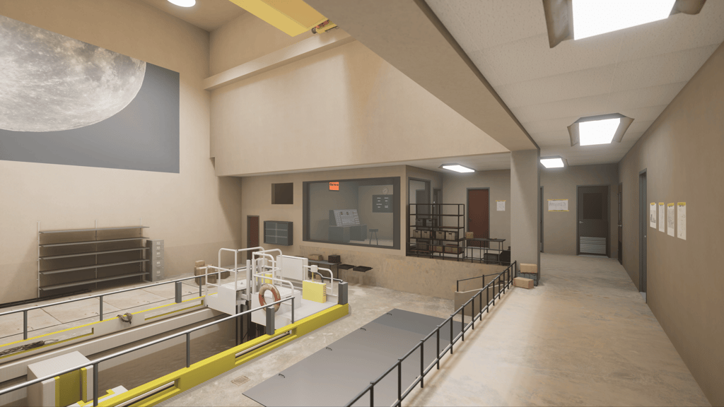 Nuclear Reactor facility interior featuring a mechanical equipment, and laboratory control rooms.