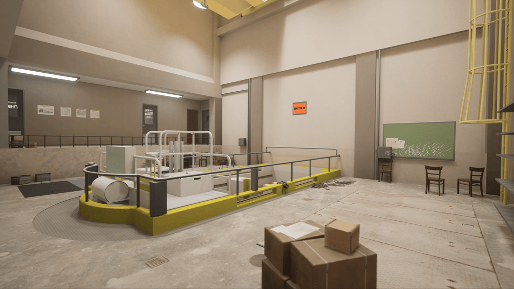 A nuclear reactor floor showing the reactor pool and bridge