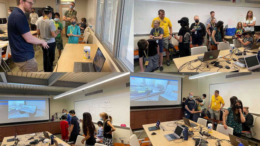 Students wearing VR headsets participate in a virtual reality engineering simulation in a modern cla