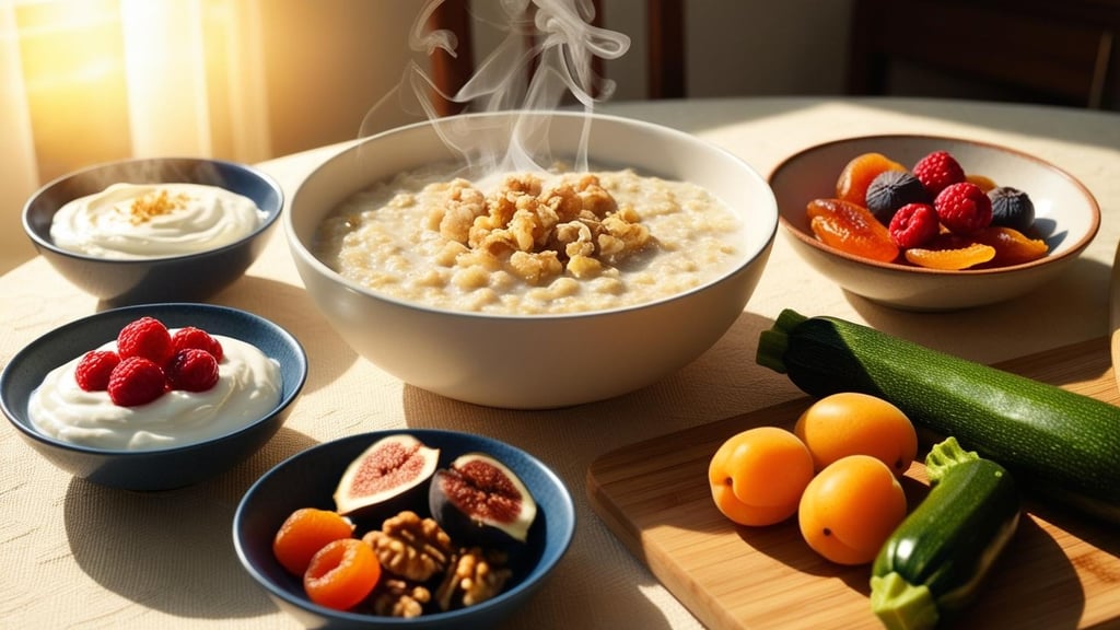 Bowls of oatmeal topped with fresh fruit and nuts, using Food Storage in THM Meals.