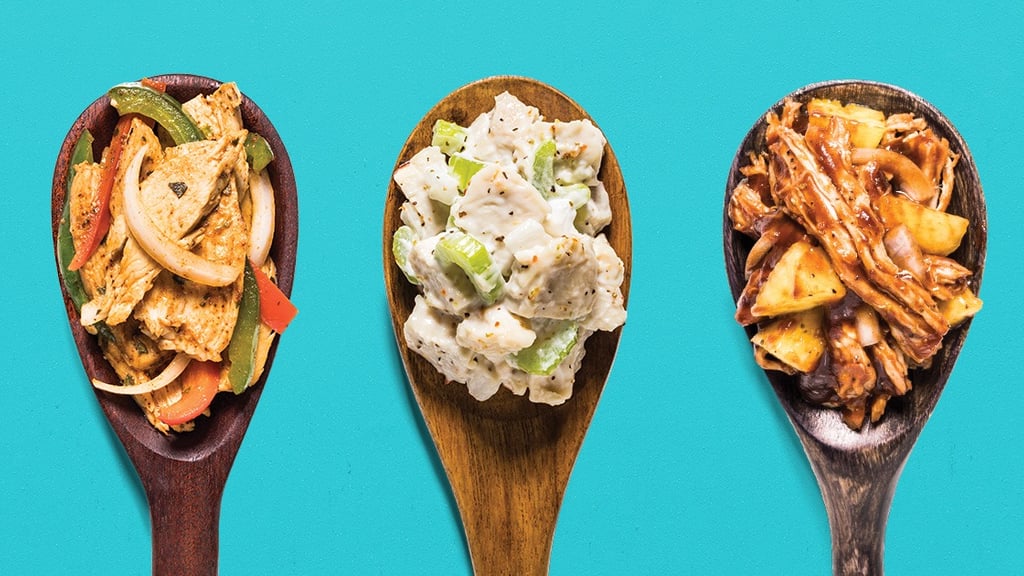 Three distinct spoons, each featuring a different Thrive freeze dried meat dishes prepared.