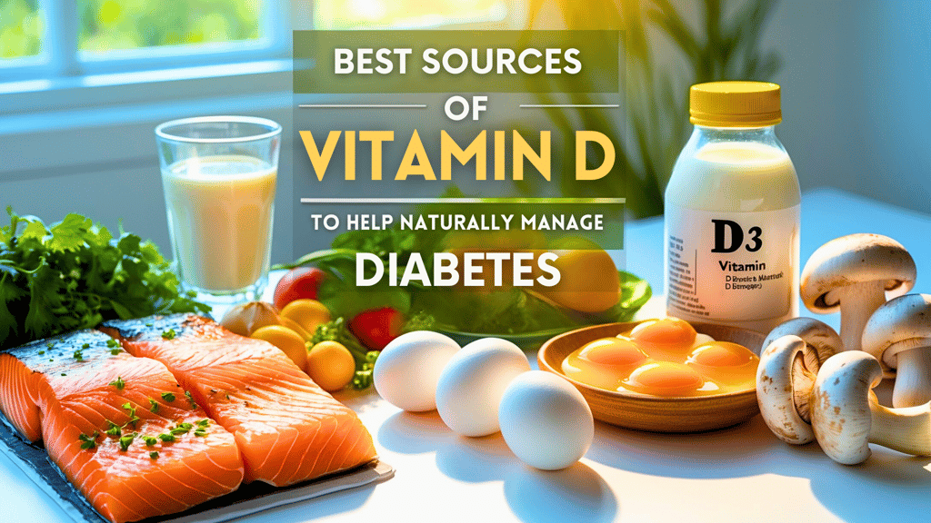 Assorted vitamin D-rich foods with sunlight and text overlay about diabetes support.