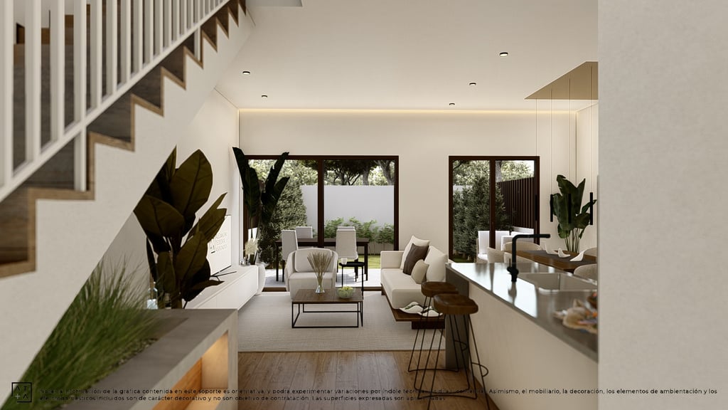 a living room with a staircase and a staircase