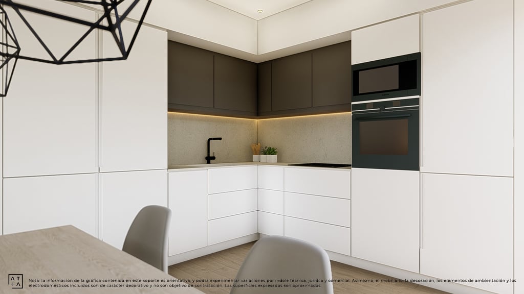 a kitchen with a table and chairs and a lamp