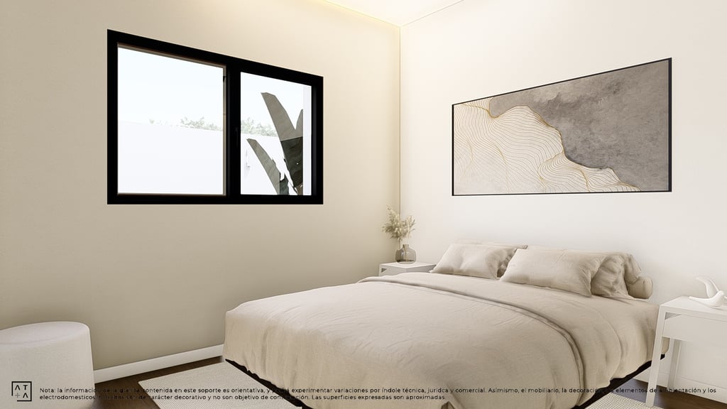 a bedroom with a bed and a painting on the wall