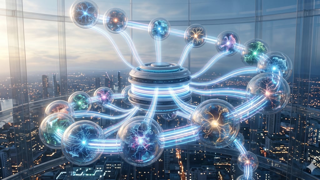 Futuristic digital network concept with glowing energy spheres connected to a central hub above a city