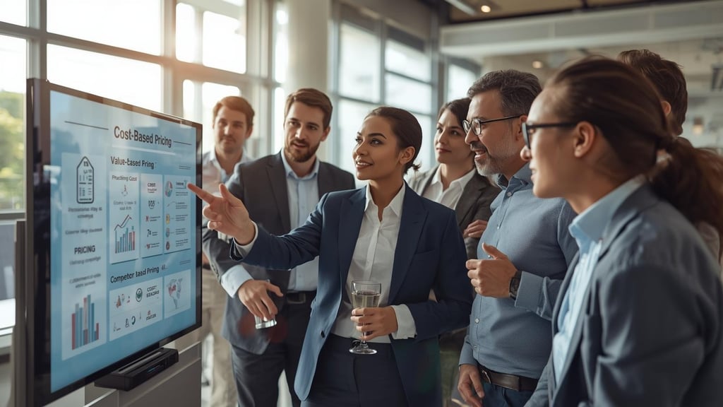 Business team analyzing pricing strategies on a screen.