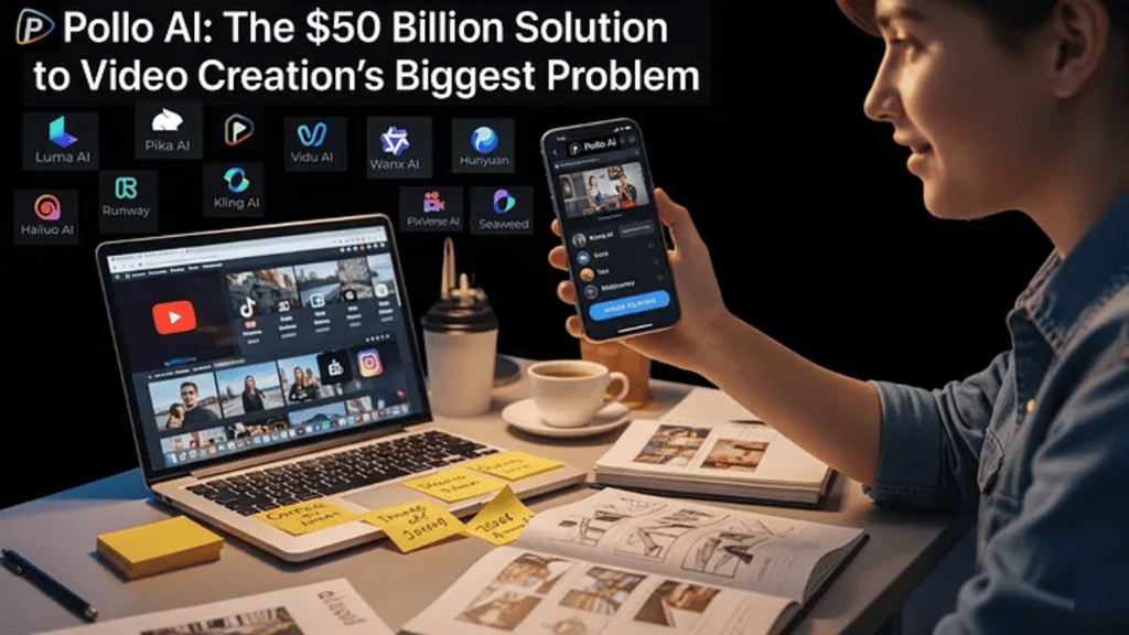 Content creator at desk with smartphone showing Pollo AI; laptop displays social media, AI icons flo
