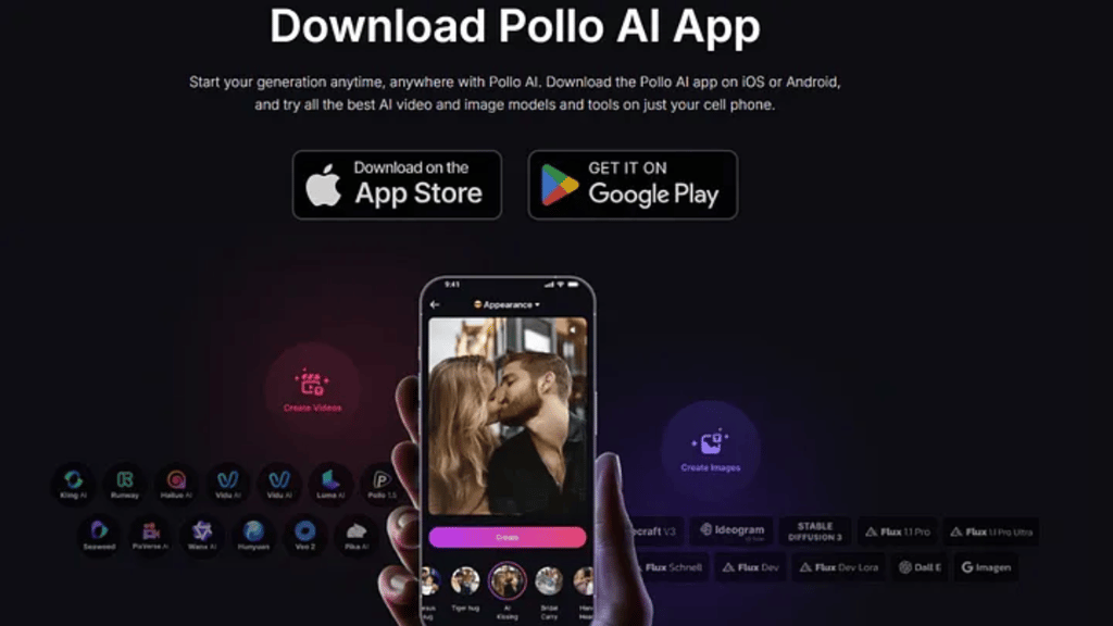 Image dashboard displaying Pollo AI’s mobile apps for both iOS and Android