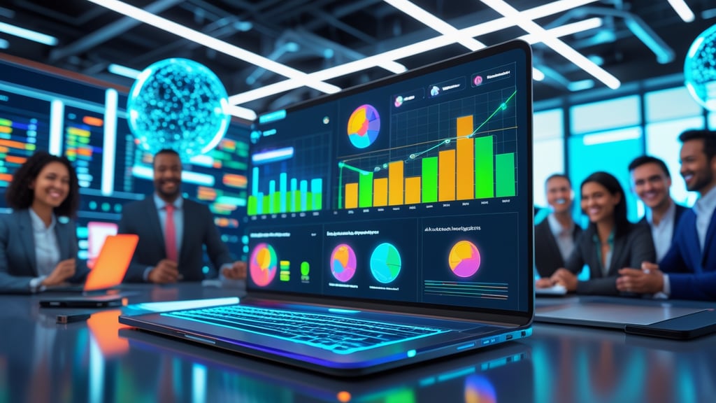 a laptop computer screen with data analysis graphs and chart with a group in business meeting