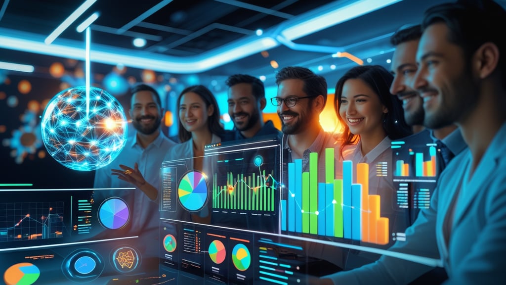 a group of people standing around a computer screen with chart, graphs with data