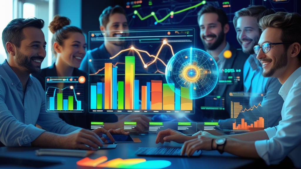 a group of people sitting at a table with a laptop and a big screen with data analysis