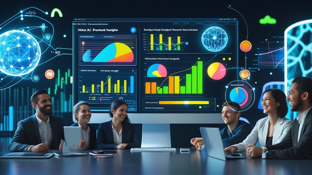 a group of business people sitting around a table with a higly customized dashboard