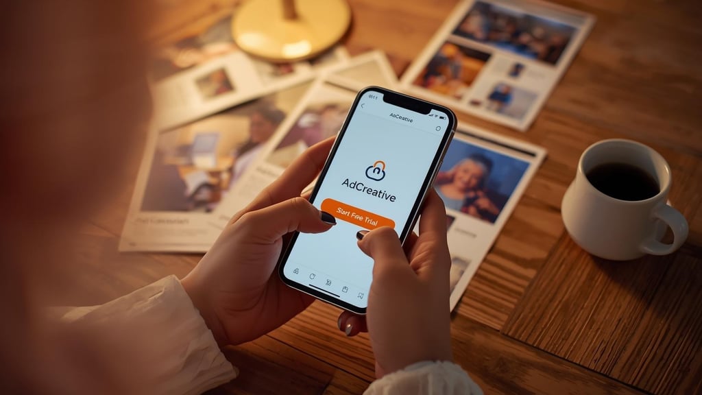 Starting free trial of AdCreative AI ad design platform on mobile device