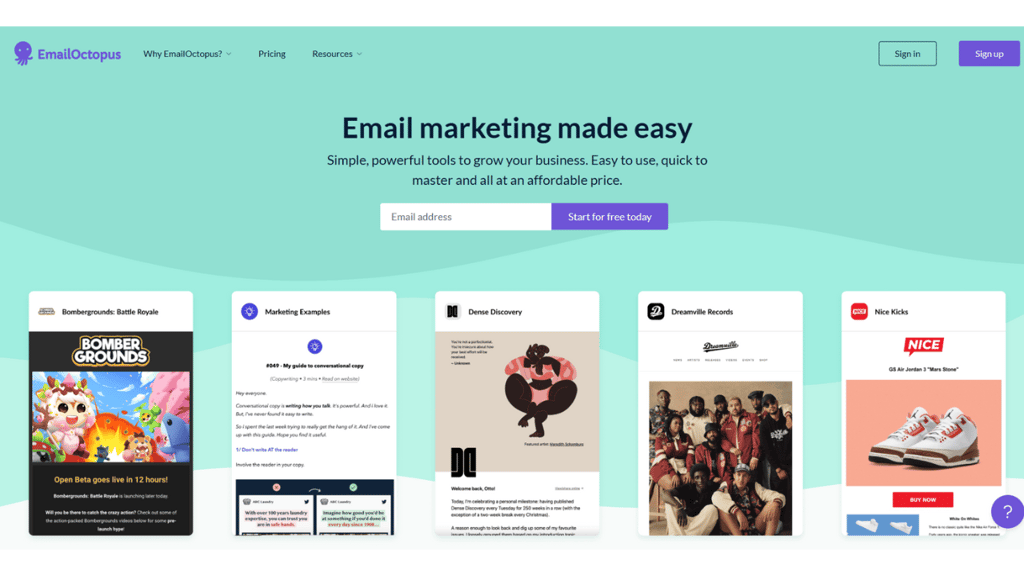 Emailoctopus website page with a bunch of email marketing templates