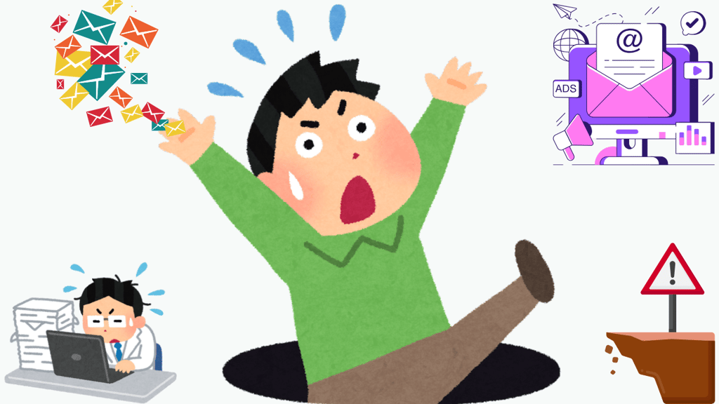 Image of a man falling into a pit with email icons and a warning sign