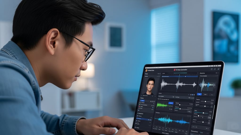 Person using laptop for AI voice cloning.